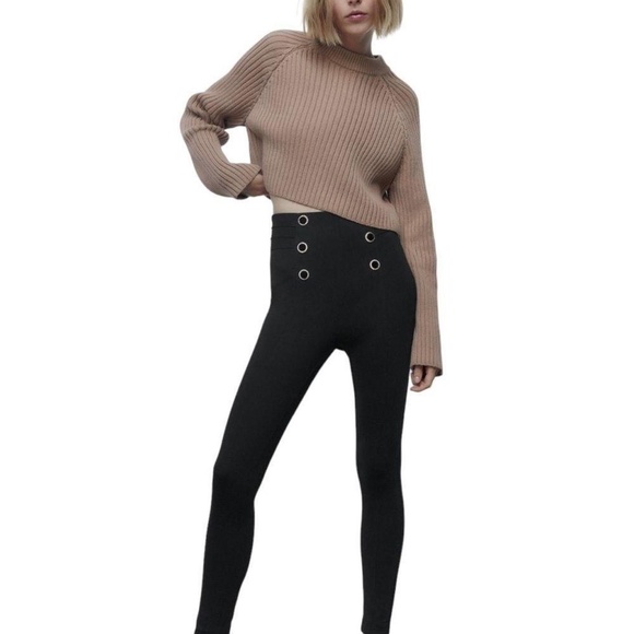 Zara Black High Waisted Velvet Rhinestone Gold Button Skinny Leggings Size S - Picture 9 of 9